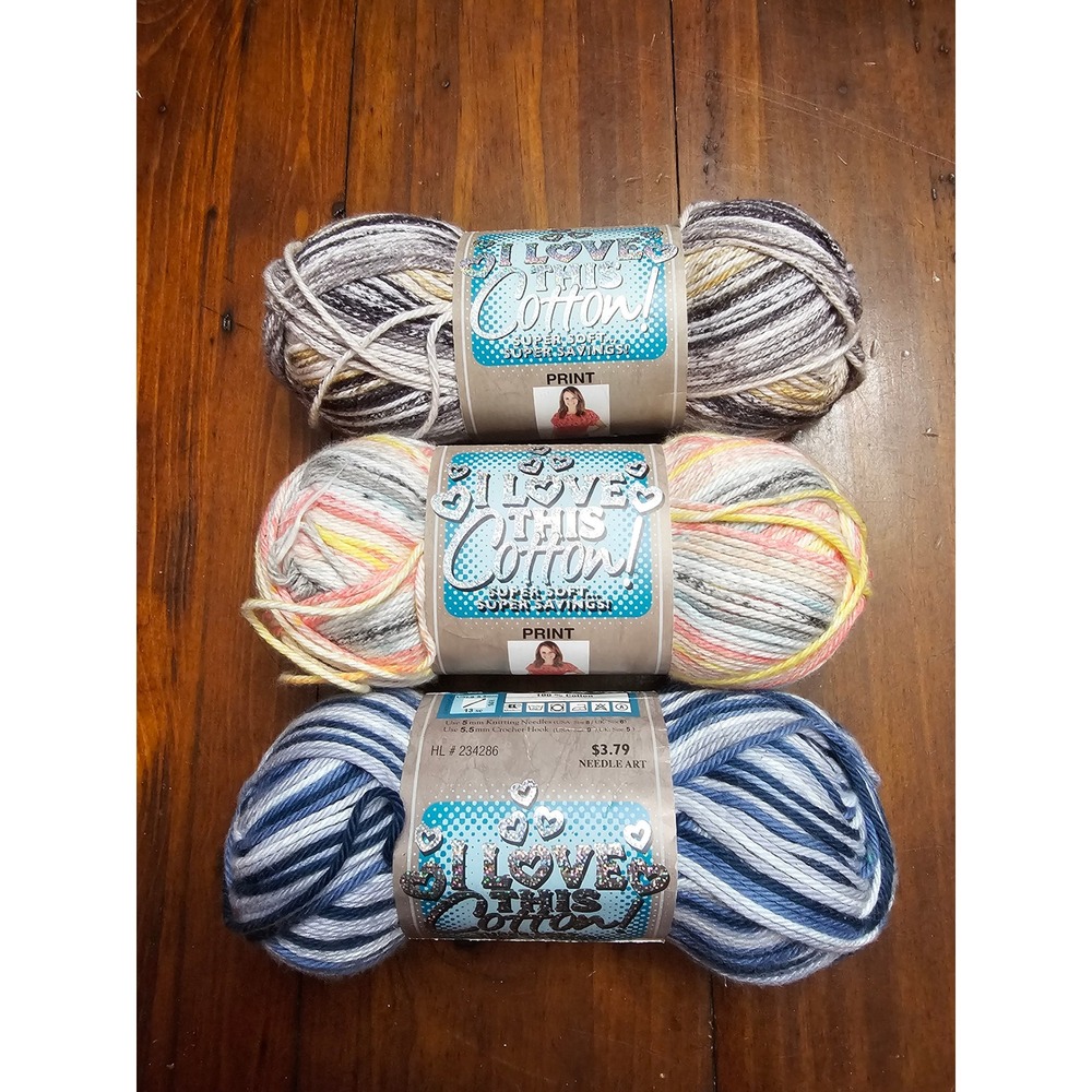 I Love This Cotton Print Yarn Lot 3 Skeins 100%‎ Cotton
